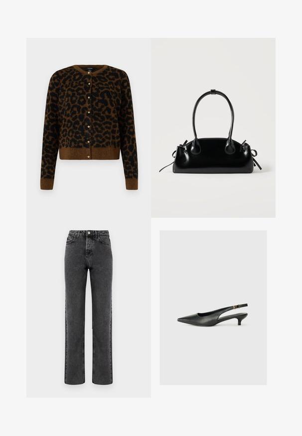 Vero Moda VMNEWKAI O-NECK CARDIGAN - Cardigan - black; Grå denim lige ben jeans med en falmet finish, fem lomme design og knap-gylp lukning. Har klassisk syning langs sømmene.; Sorte spidse slingback-sko lavet af glat læder. Har en tynd hæl og en spænde detalje på den justerbare rem.; Lille sort blank håndtaske med to lange håndtag og snøre-detaljer i siden på en ensfarvet lys baggrund.