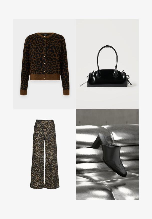Vero Moda VMNEWKAI O-NECK CARDIGAN - Chaqueta de punto - black; Pantalones de pierna ancha con un estampado integral de leopardo marrón y negro y cierre frontal con botones y cremallera.; Mula de cuero negro con tacón ancho descansando sobre una superficie plateada brillante acolchada, destacando su diseño elegante y detalles curvados.; Pequeño bolso negro brillante con dos asas largas y detalles de cordón lateral sobre un fondo claro liso.