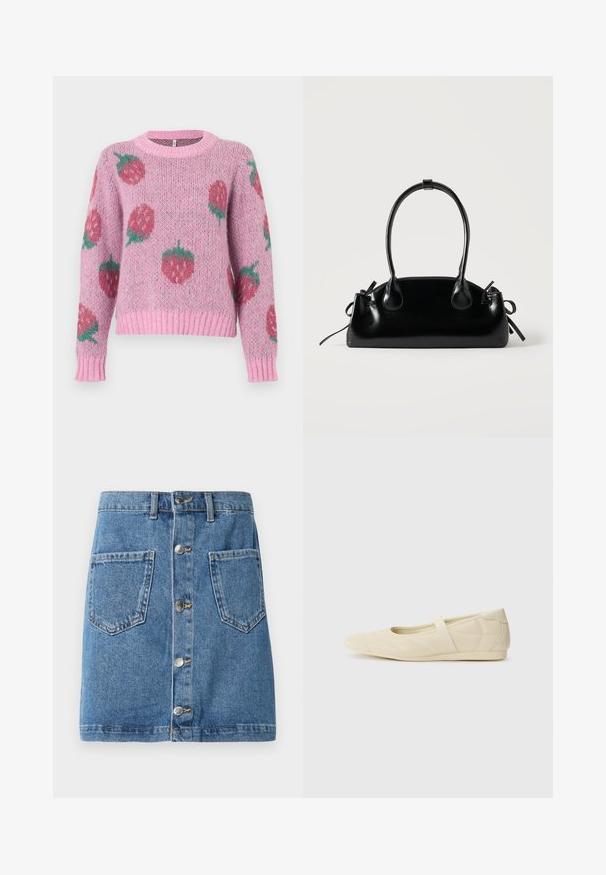 Roze gebreide trui met een losse pasvorm, met een aardbeienpatroon in rood en groen. Geribbelde mouwen en zoom zorgen voor textuur.; Jeansrok in een lichtblauwe tint, met een sluiting met knopen aan de voorkant, twee opgestikte zakken en een rechte snit. De stof heeft een klassieke textuur.; Beige ballerina's met een gladde leren buitenkant, amandelvormige punt en elastische band over de wreef, met subtiele stiksels.; Kleine zwarte glanzende handtas met twee lange hengsels en zijkant trekkoord details op een effen lichte achtergrond.