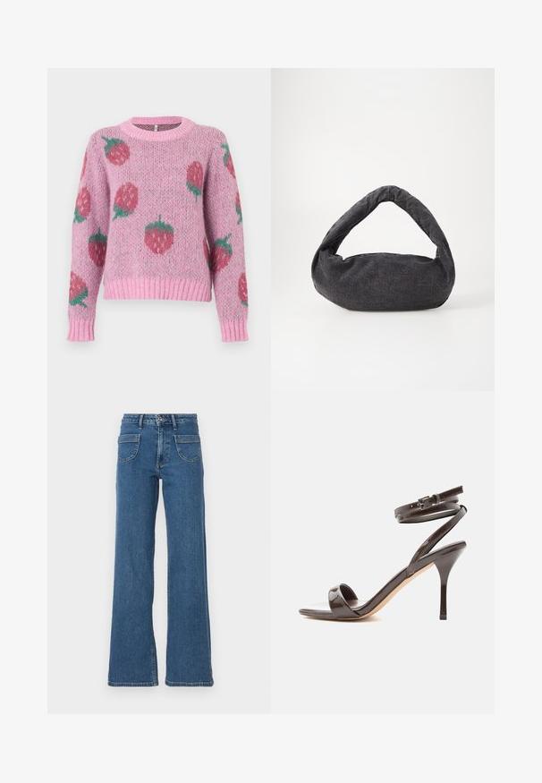 Roze gebreide trui met een losse pasvorm, met een aardbeienpatroon in rood en groen. Geribbelde mouwen en zoom zorgen voor textuur.; Blauwe denim wijde jeans met een hoge taille, vijf zakken, sluiting met een knop aan de voorkant en een licht vervaagde afwerking. Gestikte zomen en naden zijn zichtbaar.; Donkerbruine lakleren sandaal met hoge hak, dunne enkelriem en open teen op een witte achtergrond.; Donkergrijze stoffen tas met een gebogen handvat, zachte textuur en ronde vorm. Geen zichtbare hardware of versieringen.