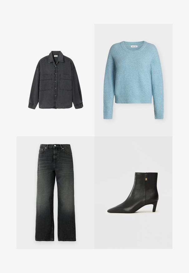 Lyseblå langærmet rundhalset sweater med en blød, dunet tekstur og ribstrikkede manchetter og kant.; Mørkegrå denimjakke med knapper, to store forlommer og klassisk krave, vist fladt på en hvid baggrund.; Sorte denim jeans med en afslappet pasform, lige ben design, falmet tekstur, fem-lomme stil og sølvknaplukning i taljen.; Sorte læderankelstøvler med spids snude og lille, tilspidset hæl. Har lynlås i siden med gulddetalje. Glat tekstur.