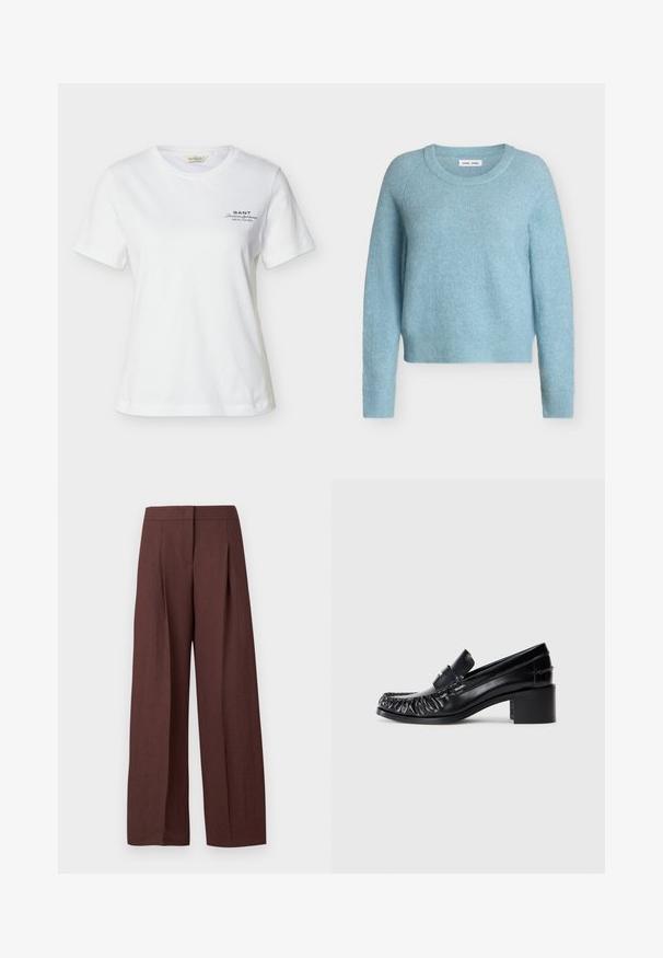 Pull bleu clair à manches longues avec col rond, texture douce et duveteuse, poignets et ourlet côtelés.; T-shirt blanc à manches courtes et col rond avec un petit texte noir "GANT American Sportswear New Haven" sur le côté gauche de la poitrine.; Pantalon marron à jambes larges et taille haute avec plis devant et fermeture avant dissimulée, présenté sur fond blanc uni.; Mocassins en cuir noir avec un devant froncé, bout rond et un talon carré. Présentent une bande décorative et des détails de couture le long des bords.