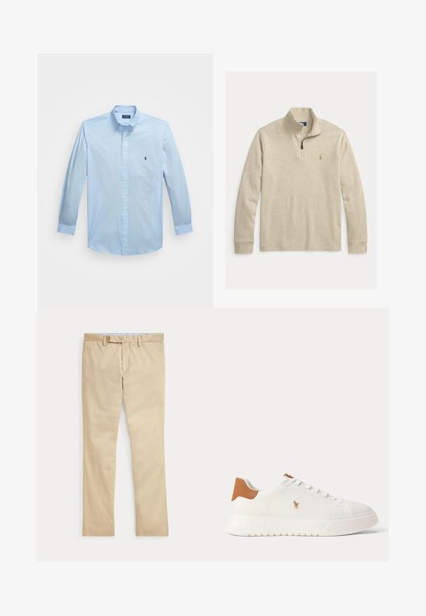 Jersey beige de manga larga con cremallera hasta un cuarto y pequeño logo bordado en el pecho izquierdo.; Camisa de botones de manga larga en azul claro, fabricada con tela suave, con cuello abotonado y un pequeño logo bordado en el lado izquierdo del pecho.; Pantalones beige de corte recto con trabillas para cinturón y cremallera frontal, colocados planos sobre un fondo blanco.; Zapatilla blanca de caña baja con lengüeta trasera en color marrón claro, cordones blancos y un pequeño logo bordado de jugador de polo en el lateral sobre una suela gruesa.