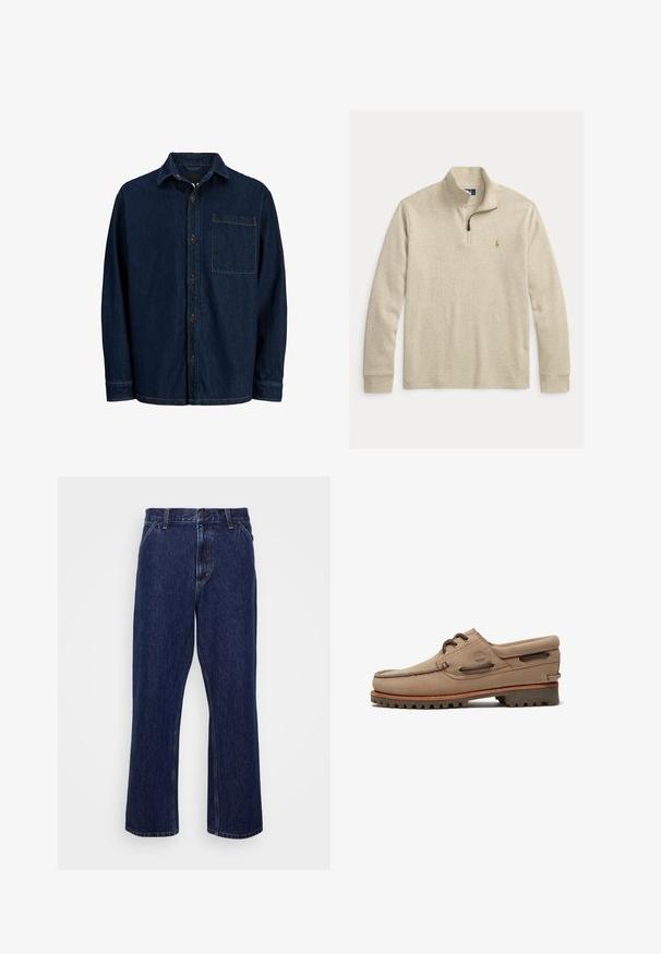 Beige langærmet pullover med kvart-lynlås og lille broderet logo på venstre bryst.; Mørk denim skjorte med lange ærmer, spids krave og brystlomme. Har brune knapper og gule syninger som detaljer.; Mørkeblå denim jeans med lige ben-design, der har knaplukning, fem lomme-stil og diskrete syninger.; Beige ruskind bådsko med snørebånd, robust sål, lædersnører og polstret krave, der viser Timberland-logoet på siden.