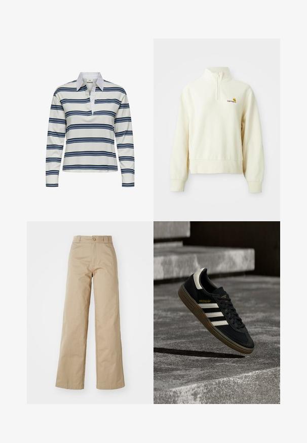 Crème kleurige pullover met een hoge kraag en een half-ritsluiting. Heeft ribgebreide manchetten en een logo op de linkerborst. Zachte, gladde textuur.; Poloshirt met lange mouwen, witte basis met marineblauwe en lichtblauwe horizontale strepen. Opvallende witte kraag en zachte katoenen textuur.; Beige wijde broek van katoen, met een knoopsluiting en riemlussen, met een gladde textuur en een nette afwerking.; Zwarte Adidas sneaker met witte strepen en gumzool die boven grijze betonnen trappen zweeft in natuurlijk licht.