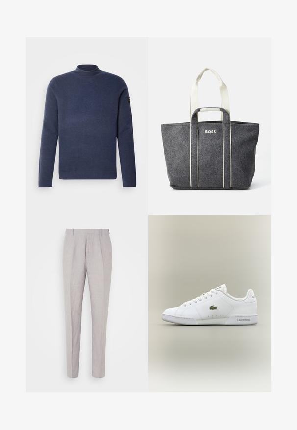 Ecoalf MAN - Striktrøje - blue indigo; Lys grå linnedragtbukser med lige pasform, der har en flad front og to skarpe pressefold langs benene. Ingen synlige sidelommer.; Hvide sportsko lavet af syntetisk læder, med et grønt broderet krokodillelogo, snørelukning og minimalistisk silhuet.; Grå tote bag med cremede håndtag, der har et minimalistisk design og et sølvfarvet "BOSS"-logo på forsiden, to øverste håndtag.