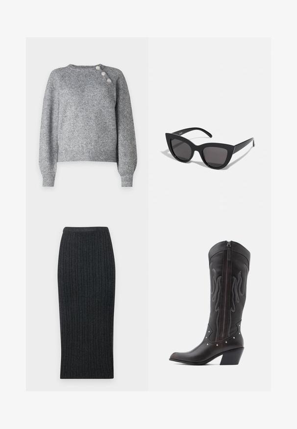 Suéter gris de punto con mangas largas, dobladillo acanalado y tres botones decorativos en el hombro izquierdo, que presenta una textura suave.; Falda midi de punto acanalado en gris oscuro con una silueta ajustada y cinturilla elástica. Presenta un canalé vertical para mayor textura.; Botas de cowboy de cuero marrón con costuras en forma de llama, cremallera lateral, tachuelas plateadas, punta puntiaguda y tacón apilado.; Gafas de sol negras en forma de ojo de gato con un acabado mate, que presentan lentes ahumados grises, ángulos pronunciados y brazos laterales elegantes. Nombre de la marca visible en el interior del brazo.