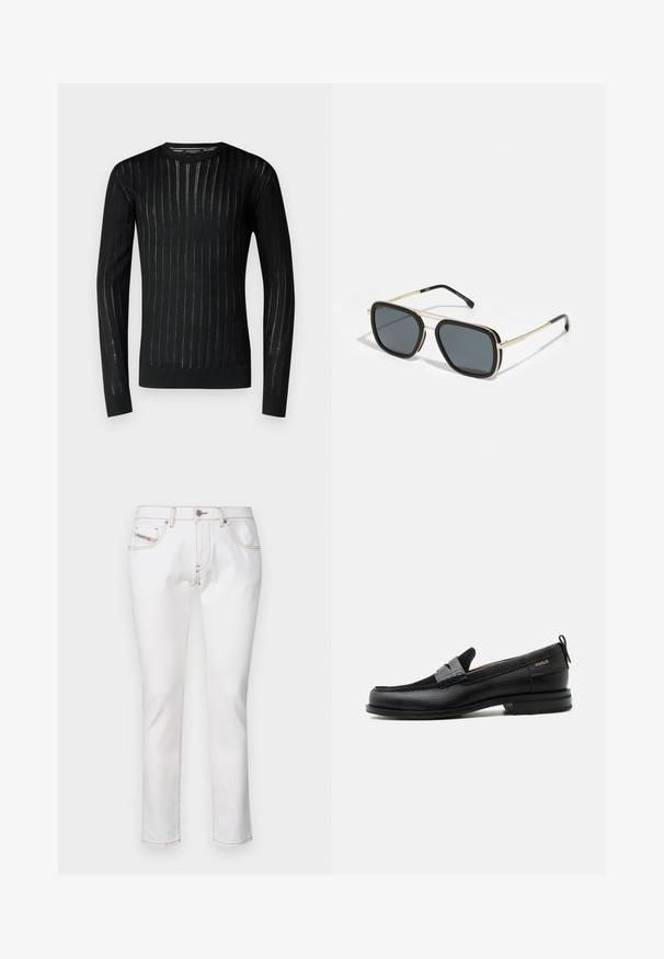 Bruuns Bazaar LEOBBCABLINO CREWNECK KNIT - Džemper - black; Diesel Liibuvad teksad - white; Must nahast loafer halli rihma detailiga, madala kand ja tekstuurse tallaga, külgedel kuldse "HUGO" brändiga.; Must poolt ja kuldseid prille ruudukujulise disainiga, metallraamiga, tumehallide läätsedega ja mustade käepidemetippudega. Omab kahekordse silla disaini.