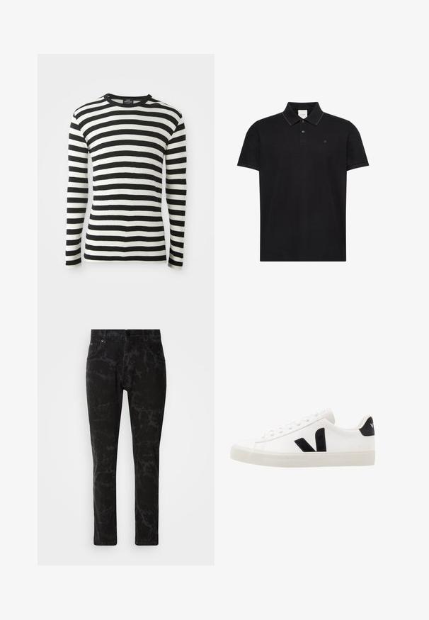 Langärmliges Shirt in Schwarz-Weiß-Streifen, mit Rundhalsausschnitt und weicher Textur. Aus leichtem Stoff gefertigt, ideal zum Schichten.; Schwarzes Poloshirt mit kurzen Ärmeln, Kragen, zwei Knöpfen, dezentem kontrastierendem Besatz an den Kragenkanten und kleinem "ck"-Logo auf der Brust.; Schwarze Jeans aus Denim mit marmoriertem Muster, geradem Bein, Fünf-Taschen-Stil und Knopfverschluss am Bund.; Weiße Leder-Sneaker mit schwarzen Wildlederelementen; verfügen über eine Gummisohle, eine runde Spitze und ein klassisches Schnürdesign. Seitliches Logo in Schwarz.