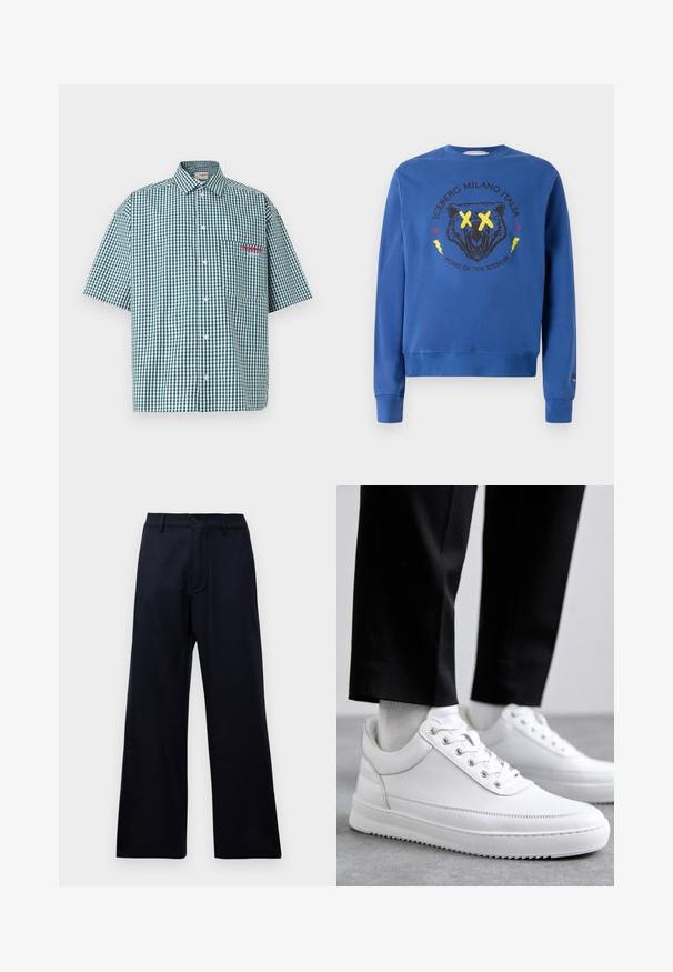 Iceberg Sweatshirt - zaphyre; Chemise à manches courtes en vichy vert et blanc. Elle possède un devant à boutons, un col et une poche poitrine avec broderie rouge.; Pantalons larges taille haute noirs avec passants de ceinture, bouton avant et fermeture éclair sur fond blanc uni.; Baskets blanches en cuir avec une semelle en caoutchouc plat, présentant une finition lisse, un bout rond et des œillets en métal pour les lacets. Portées avec un pantalon noir.