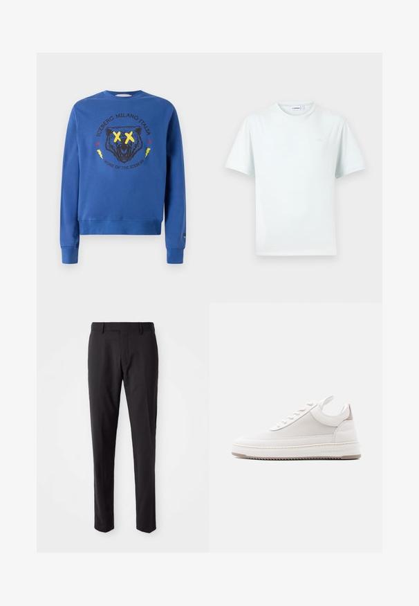 Iceberg Sweatshirt - zaphyre; Hvid t-shirt med korte ærmer og rund hals, med diskret logo på brystet og synlig mærkeseddel indeni kraven.; Sorte skræddersyede bukser med flad front, slim fit, bæltestropper og en glat tekstur. Velegnet til formelt eller forretningsmæssigt tøj.; Lavtop hvid sneaker med tekstureret sidepanel, polstret krave, snørelukning foran og "Filling Pieces" branding på kantsålen.