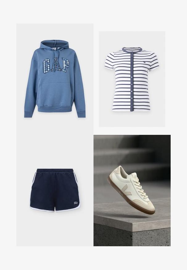 Sweat à capuche bleu avec poche kangourou, capuche et cordons, avec le texte « "GAP" » sur la poitrine dans des motifs floraux et à carreaux mixtes.; Chemise blanche à manches courtes avec rayures horizontales bleu marine, patte de boutonnage bleu marine, col rond et petit logo animalier sur la poitrine.; Shorts décontractés bleu marine avec bordure blanche, taille élastique, poches latérales et logo blanc "GAP" en bas à l'avant à droite.; Baskets blanches et beige avec semelle gomme flottant au-dessus d'une surface en béton gris avec des escaliers flous en arrière-plan.