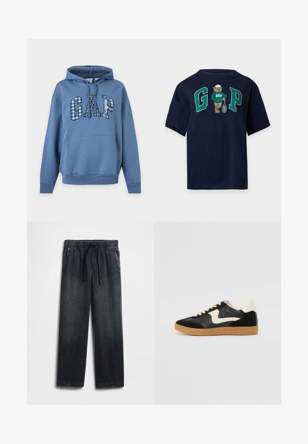 Blå hættetrøje med forlomme, hætte og snore, med teksten ""GAP"" på brystet i blandet blomster- og ternet mønster.; Mørkeblå t-shirt med en bjørn iført en grøn GAP-hoodie og hvid kasket, der holder en tennisketcher mellem store grønne bogstaver G og P.; Sorte denimbukser med elastisk talje og snøre, vid pasform og diskret falmet look. To sidelommer inkluderet.; Sorte ruskinds- og lædersneakers med en cremefarvet side-swoosh og lys cremefarvet hæl. Har beige snørebånd og en gummirubber-sål.