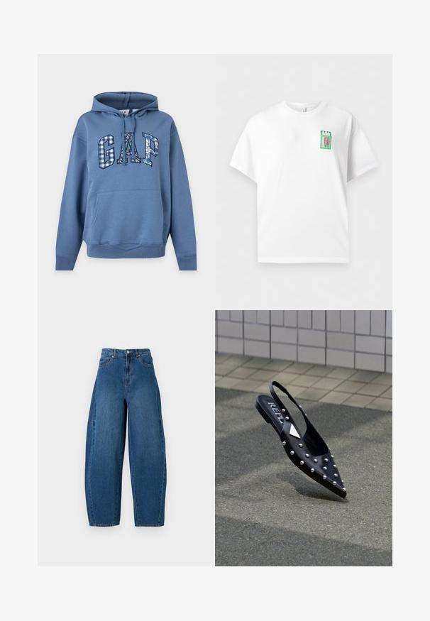 Blauer Hoodie mit Kängurutasche, Kapuze und Kordeln, mit ""GAP"" Schriftzug in gemischten Blumen- und Karomustern auf der Brust.; Weißes kurzärmliges T-Shirt mit einem kleinen grünen Aufnäher einer geöffneten Sardinendose, rosa Sardinen und dem Wort "SARDINE" auf der oberen Brust.; Denimjeans in einer mittleren blauen Waschung, mit hoher Taille, weit geschnittenem Bein und dem typischen fünf Taschen Design mit sichtbaren Nahtdetails.; Schwarzer, spitzer Slingback-Schuh aus glattem Material, mit silbernen Nieten, flacher Sohle und Logo auf der Einlegesohle.
