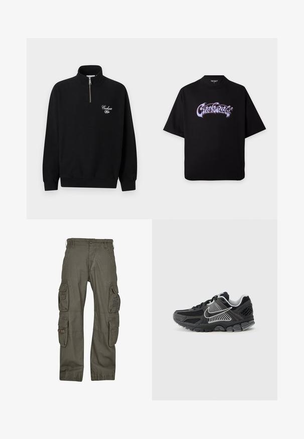 Must neljandik lukuga pusa kõrge kraega, soonikuga varrukaservade ja alaosaga, valge "Carhartt Wip" kirjaga logo vasakul rinnal.; Must oversized lühikeste varrukatega t-särk ümmarguse kaelusega ja lilla stiliseeritud tekst rinnal.; Oliva rohelistest puuvillast tehtud cargo-püksid, millel on mitmed küljetaskud, lõdva istuvusega ja tugevdustega õmblused vastupidavuse tagamiseks.; Mustad spordijalats võrgust paneelide ja sünteetiliste detailidega. Omab ümarat varvast, paksu pehmendusega tallaplaati ning kontrastset valget logodetaili.