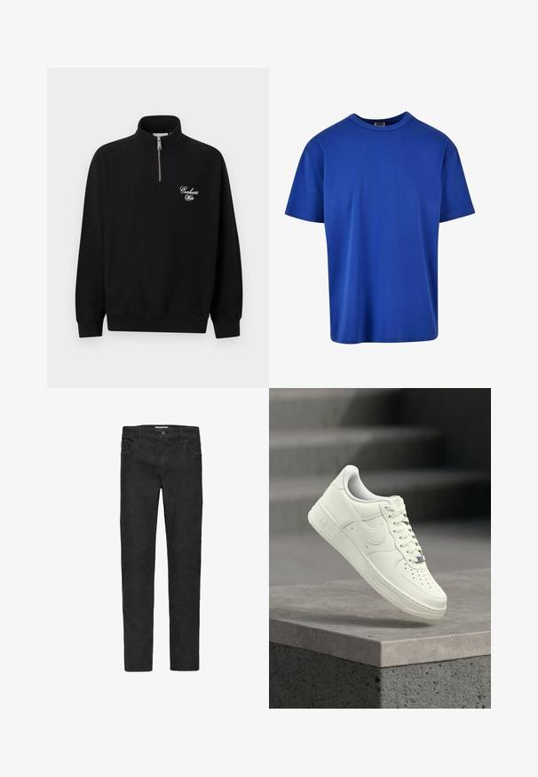 Sort kvart-zip sweatshirt med høj krave, ribstrikkede ærmekanter og kant, med hvidt "Carhartt Wip"-scriptlogo på venstre bryst.; Royal blue bomulds T-shirt med rund halsudskæring og korte ærmer. Glat tekstur, afslappet pasform, og ingen synlige mønstre eller logoer.; Sorte denim jeans med lige ben. Funktioner inkluderer fem lommer, knaplukning og diskrete syninger langs sømmene.; Hvid lædersneaker med lavprofildesign, tekstureret overflade, perforeringer på tåen og sølvfarvede detaljer på snørebånd og mærkning.