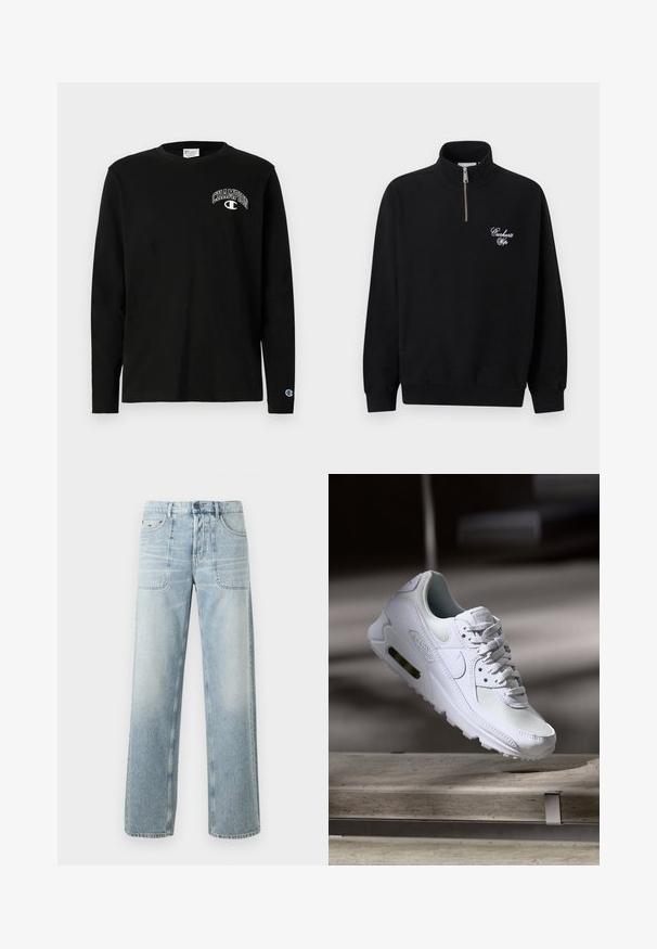 Zwarte quarter-zip sweatshirt met hoge kraag, geribbelde manchetten en zoom, met wit "Carhartt Wip" schrijflogo op de linkerborst.; Zwarte lange mouwen T-shirt van katoen. Kenmerkt een wit "Champion" logo op de linker borst en een klein logo op de rechtermouw.; Lichtblauwe wijde spijkerbroek van denim, met twee steekzakken voor, subtiele vervaging en een knoopsluiting bij de taille.; Witte Nike Air Max 90 sneaker met een bovenwerk van mesh en leer, een geperforeerde teenbox en een zichtbare luchtunit in de hiel.
