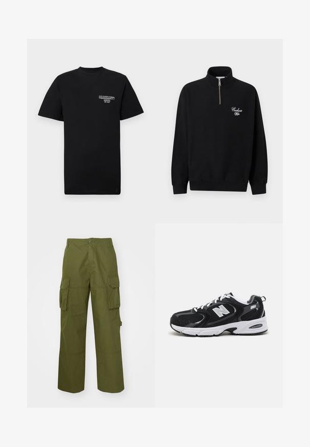 Zwarte quarter-zip sweatshirt met hoge kraag, geribbelde manchetten en zoom, met wit "Carhartt Wip" schrijflogo op de linkerborst.; Zwarte katoenen t-shirt met korte mouwen en een ronde hals, met een witte bedrukte logo op de linkerborst. Gladde textuur, normale pasvorm.; Olijfgroene cargo broek van duurzaam materiaal, met twee zijzakken, een relaxte pasvorm en een knoopsluiting bij de taille.; Zwarte en grijze sport schoenen met een bovenwerk van mesh en suede, voorzien van een witte tussenzool, veters en een gedurfde "N"-logo aan de zijkant.