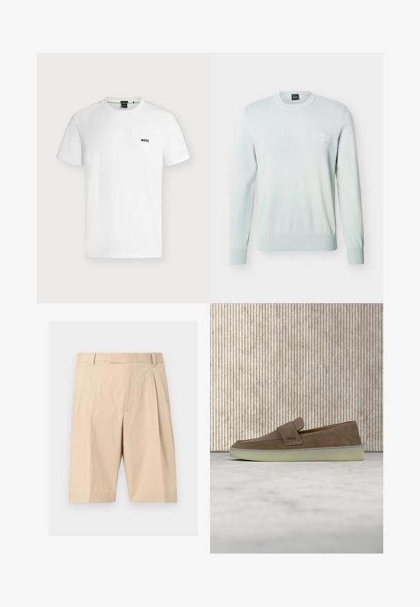 Hellblauer Pullover mit Rundhalsausschnitt und langen Ärmeln, mit gerippten Bündchen und Saum, versehen mit einem kleinen quadratischen Logo-Patch auf der linken Brust.; Schlichtes weißes T-Shirt mit kurzen Ärmeln und kleinem schwarzen "BOSS"-Logo auf der linken Brust, vor hellem Hintergrund gezeigt.; Beige knielange, maßgeschneiderte Shorts mit Gürtelschlaufen, vorderen Falten und einem verdeckten Reißverschluss vorne.; Beiger Wildleder-Slipper mit weißer Gummisohle und BOSS-Logo auf der seitlichen Riemen, präsentiert vor einem schlichten neutralen Hintergrund.