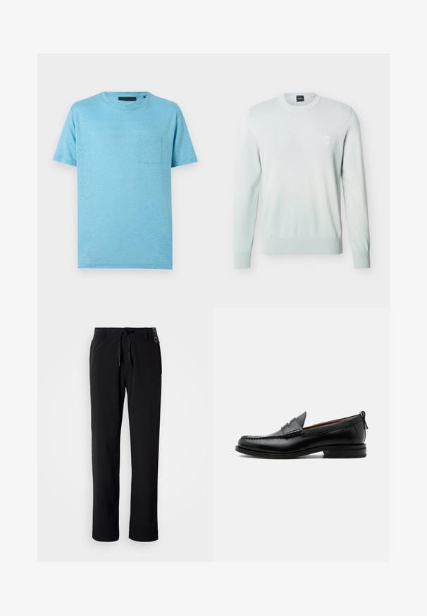 Pull bleu clair à manches longues avec col rond, bordures côtelées aux poignets et à l'ourlet, arborant un petit patch logo carré sur la poitrine gauche.; T-shirt bleu clair à manches courtes et col rond avec une petite poche sur la poitrine à gauche, sur un fond neutre.; Pantalon noir et léger avec une coupe droite. Doté d'une taille à cordon de serrage et d'une texture lisse. Convient pour une tenue décontractée.; Mocassin homme en cuir noir avec couture moc toe, bride penny, col texturé et petit talon empilé sur fond blanc.