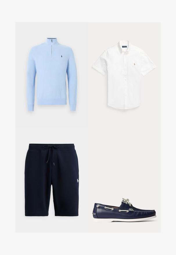 Lichtblauwe gebreide trui met lange mouwen, een kwart-ritssluiting bij de kraag en een klein donkerblauw polo-spelerlogo op de linkerborst.; Wit kort mouw overhemd met knopen, kraag en geborduurd Polo Ralph Lauren-logo op de linkerborst.; Marineblauwe katoenen sportshorts met een elastische tailleband, trekkoord en logo-accent aan de linkerkant. Gladde textuur, tot aan de knieën.; Marineblauwe leren boot schoen met witte veters en stiksels, voorzien van een witte rubberen zool en metalen veteroogjes op een lichte achtergrond.