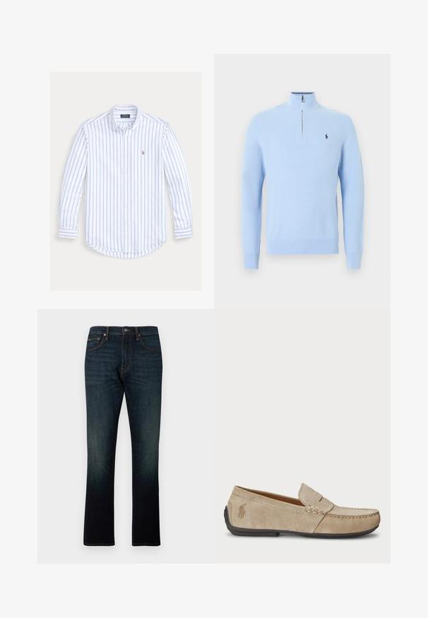 Pull tricoté bleu clair à manches longues avec col à fermeture éclair sur un quart et petit logo joueur de polo bleu foncé sur la poitrine gauche.; Chemise à manches longues boutonnée avec des rayures verticales bleu clair et un petit logo brodé sur la poitrine gauche.; Jean denim bleu foncé à jambe droite avec cinq poches et coutures orange, présenté à plat sur fond blanc.; Mocassins en suede beige avec un détail cousu, semelle en caoutchouc plate et un petit logo sur le côté. Design classique à enfiler, texture douce.