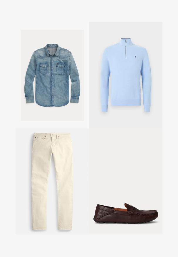 Pull tricoté bleu clair à manches longues avec col à fermeture éclair sur un quart et petit logo joueur de polo bleu foncé sur la poitrine gauche.; Chemise en denim de couleur bleu clair, avec un col pointu, des manches longues, deux poches poitrine et des fermetures à bouton-pression. Design classique de style western.; Pantalon beige clair à jambes droites en tissu texturé. Dispose de cinq poches et de ferrures métalliques marron. Aucun motif ou accent visible.; Mocassin homme en cuir marron foncé avec détail cousu et semelle en caoutchouc, montré de côté sur un fond uni.
