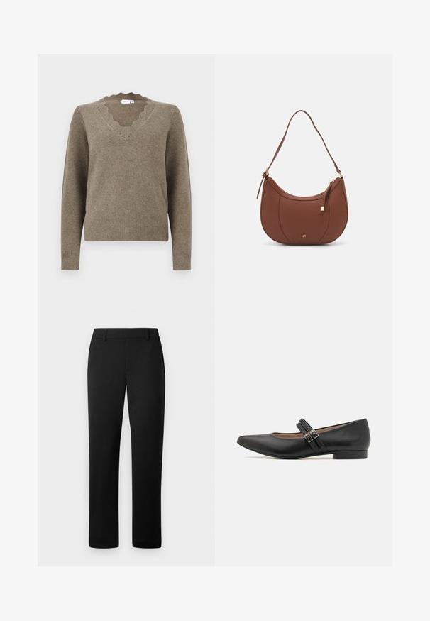 Pull en tricot marron avec des manches longues et un col en V festonné, des poignets et un ourlet côtelés, présenté sur un fond blanc uni.; Pantalon noir avec une coupe droite, fabriqué dans un tissu lisse, doté d'une taille ajustée et de poches avant.; Chaussure noire en cuir de style Mary Jane avec bout pointu, deux sangles à boucle, talon bas et texture lisse. Conçue pour une apparence formelle.; Sac à épaule en faux cuir brun, de forme arrondie, avec des coutures minimales et un accent en matériel doré. Il possède une fermeture zippée sur le dessus et une sangle réglable.