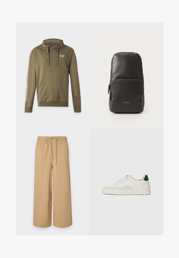 Olivovo zelená mikina s kapucňou, predným vreckom, šnúrkami, logom EA7 Emporio Armani na hrudi a bielym názvom značky na ľavom rukáve.; Béžové široké nohavice vyrobené z mäkkej tkaniny, s elastickým pásom na šnúrku, bočnými vreckami a rovný strih.; Biele tenisky s semišovými akcentmi, zaoblenou špičkou, plochými šnúrkami a krémovou gumovou podrážkou. Na päte sú zelené značky.; Čierny kožený batoh s hladkým povrchom, ktorý má hlavné oddelenie so zipsom a predné vrecko. Logo zobrazené na prednej strane.
