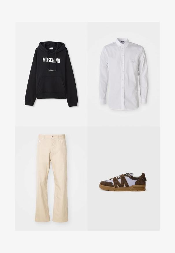 Sudadera negra hecha de una mezcla de algodón, con un bolsillo tipo canguro, capucha con cordones y estampado en blanco "MOSCHINO Milano" en la parte delantera.; Camisa blanca de manga larga con cuello abotonado y un sutil logo bordado en el lado izquierdo del pecho.; Pantalones beige de algodón, con diseño de pierna recta, dos bolsillos delanteros, presillas para cinturón y cierre de botón metálico.; Zapatillas con parte superior de ante marrón, paneles de malla beige y suela de goma. Diseño zigzagueante distintivo en los lados. Cierre con cordones.