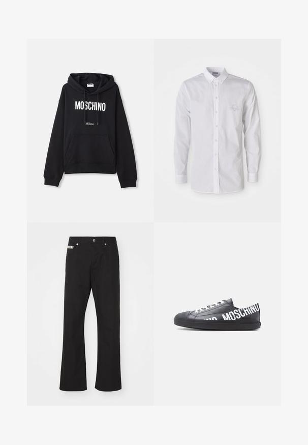 Sort hættebluse lavet af en bomuldsblandingsstof, med lomme foran, snørret hætte og hvid "MOSCHINO Milano" tryk på forsiden.; Hvid langærmet skjorte med knap-opsætning og nedknappet krave samt et diskret broderet logo på venstre bryst.; Svarte bomuldsbukser med lige ben-design, der har en frontknaplukning, to sidelommer og et lille mærke på linningen.; Sort lavt snøresko med hvide snørebånd og "MOSCHINO" trykt med store hvide bogstaver langs siden og på hælen.
