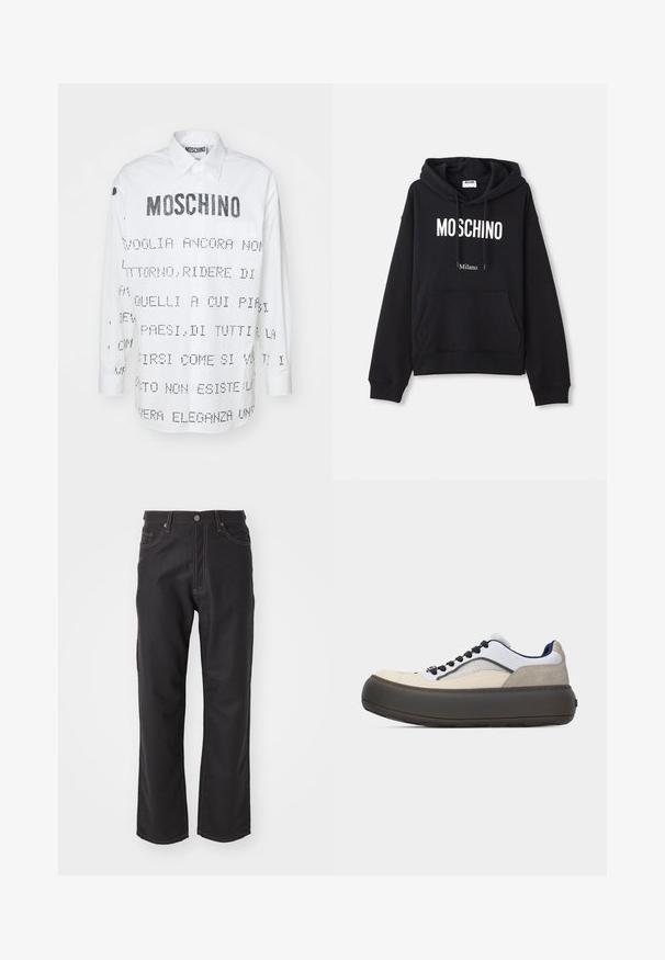 Čierna mikina s kapucňou vyrobená z kombinácie bavlny, s klokanieškovým vreckom, sťahovacou kapucňou a bielym potlačením "MOSCHINO Milano" na prednej strane.; Biela košeľa s dlhým rukávom a špicatým golierom, s čiernym textom a grafickými dizajnami potlačenými na prednej a zadnej strane. S uzatváraním na gombíky.; Čierne denimové džínsy so strihom rovného nohavice, s kontrastným oranžovým prešívaním, päťvreckovým dizajnom a klasickým zapínaním na gombík.; Nízka teniska s tlstou tmavou podrážkou, bielym zvrškom s béžovými a sivými semišovými detailmi, čiernymi šnúrkami a tmavomodrým vnútorným lemom.