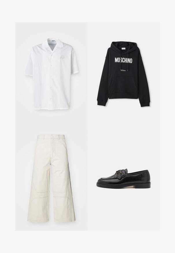 Sudadera negra hecha de una mezcla de algodón, con un bolsillo tipo canguro, capucha con cordones y estampado en blanco "MOSCHINO Milano" en la parte delantera.; Camisa blanca de manga corta hecha de algodón con cierre frontal de botones. Presenta un logo bordado sutil en el pecho. Diseño clásico de cuello.; A-COLD-WALL* FORMAT PANT - Pantalones - beige bone; Mocasines de cuero negro con punta redonda y un acento decorativo de hebilla. Tacón plano y sólido, con una textura suave en todo el zapato.