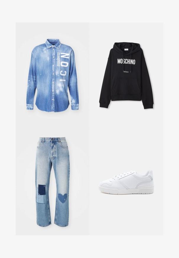 Sort hættebluse lavet af en bomuldsblandingsstof, med lomme foran, snørret hætte og hvid "MOSCHINO Milano" tryk på forsiden.; Lyseblå denimskjorte med frontknaplukning, lange ærmer, krave og hvidt trykt tekst "DSQUARED2 ICON" med malerstænkdetaljer.; Lyseblå denim jeans med lige snit, der har to lapdetailler: et kvadrat og et hjerte, begge i mørkere denimtoner.; Hvid sneakers med lavt snit, snørelukning, glat syntetisk overdel og mønstret gummisål på en ensfarvet lys baggrund.
