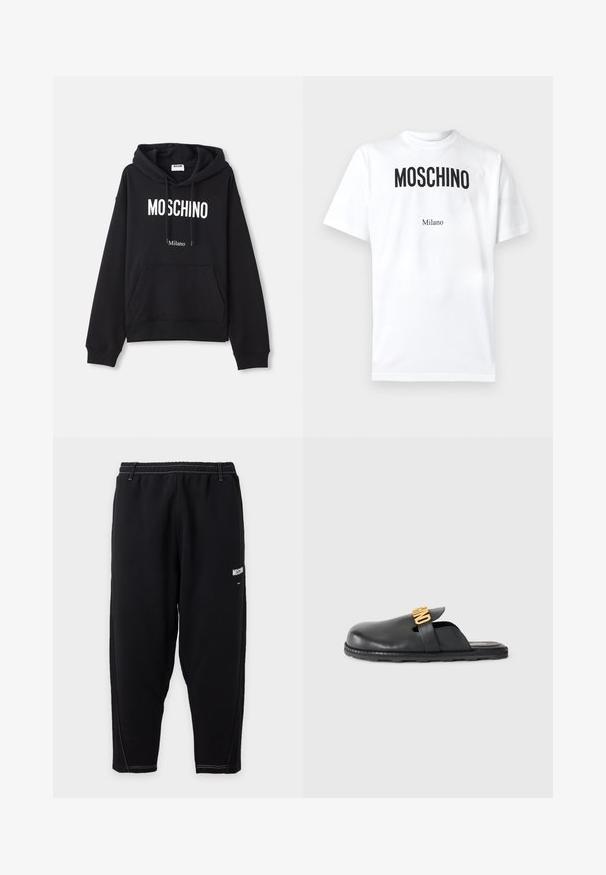 Čierna mikina s kapucňou vyrobená z kombinácie bavlny, s klokanieškovým vreckom, sťahovacou kapucňou a bielym potlačením "MOSCHINO Milano" na prednej strane.; Biele bavlnené tričko s výrazným čiernym nápisom "MOSCHINO" a menším "Milano" pod ním. Krátke rukávy a klasický okrúhly výstrih.; Čierne zúžené tepláky s elastickým pásom, bielym kontrastným prešívaním a malým bielym logom "Moschino" na hornej časti stehna.; Čierne kožené šlapky na plochom podošve s pozláteným dekoračným pásikom a nízkou textúrovanou gumovou podrážkou na jednoduchom pozadí.