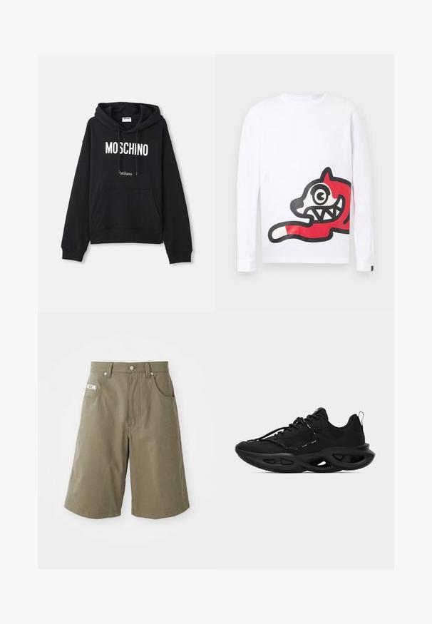 Mustakasa, joka on valmistettu puuvillasekoitekankaasta, jossa on kengurun tasku, kiristysnauhalla varustettu huppu ja valkoinen "MOSCHINO Milano" -painatus edessä.; Valkoinen pitkähihainen paita, jossa on suuri piirrosmaisen punamustan ketun kuva alaoikealla etupuolella.; MOSCHINO TAPE - Shortsit - green; Musta urheilukenkä verkkokangas päällisellä, paksulla veistetyllä pohjalla, jossa on leikkauksia, nauhallisella kiinnityksellä ja vetosilmukalla kantapäässä valkoisella taustalla.