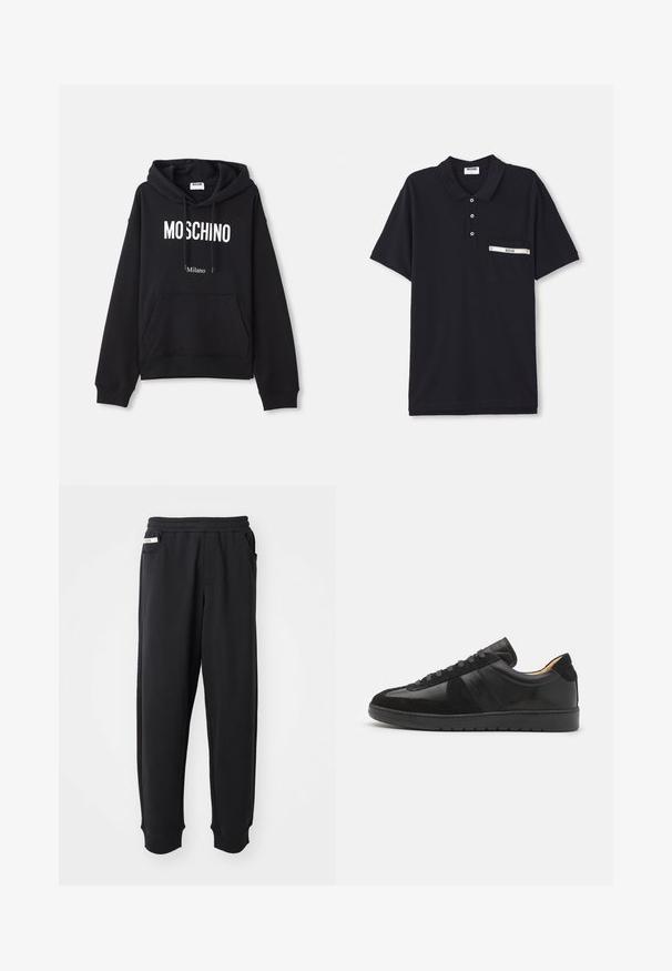 Čierna mikina s kapucňou vyrobená z kombinácie bavlny, s klokanieškovým vreckom, sťahovacou kapucňou a bielym potlačením "MOSCHINO Milano" na prednej strane.; Čierna polo košeľa vyrobená z bavlny s tri-buttonovou légou, krátkymi rukávmi a náprsníkom s strieborným akcentom a štítkom.; Čierne tepláky vyrobené z mäkkého materiálu, s elastickým pásom, bočnými vreckami a rebrovanými manžetami na členkoch. Minimalistický dizajn.; Tiger of Sweden BELLICU - Tenisky - black