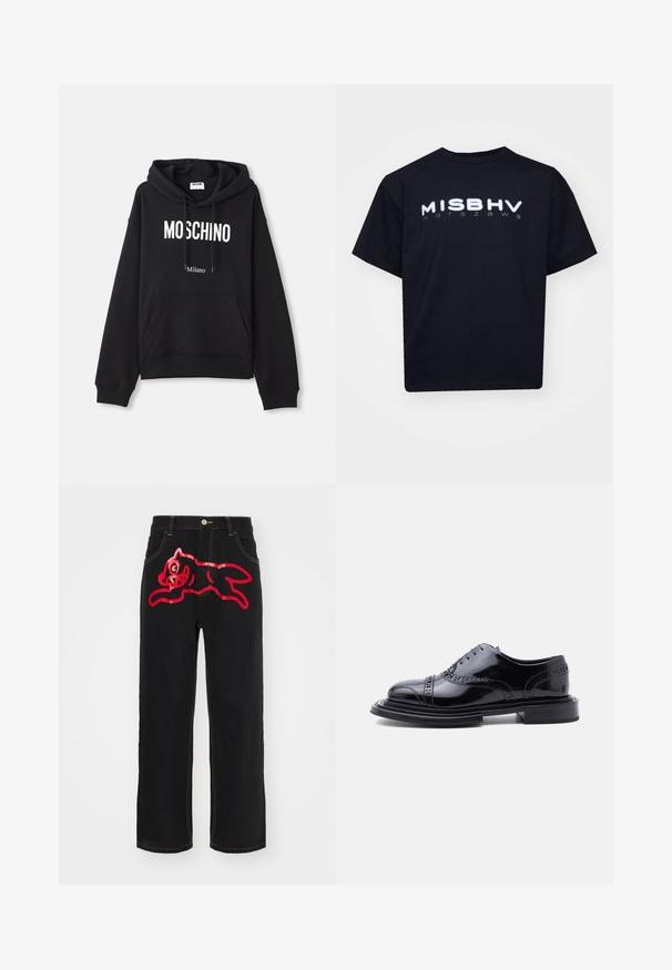 Zwarte hoodie van een katoenmix, met een kangoeroe-pocket, een capuchon met trekkoord en een witte print van "MOSCHINO Milano" op de voorkant.; MISBHV WARSZAWA - T-shirt print - black; Zwarte denim spijkerbroek met een grote rode afbeelding van een springende kat op de achterzak, met contrasterende gele stiksels langs de naden.; Zwarte gepolijste leren brogue nette schoen met vleugelpunten en gestapelde hak, zijaanzicht op een witte achtergrond.