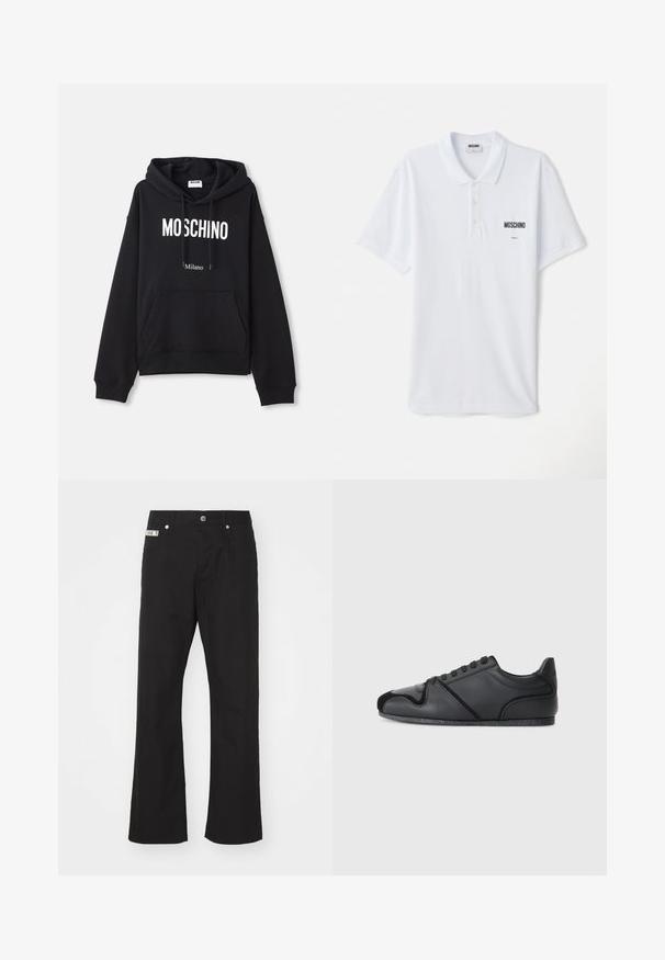 Sudadera negra hecha de una mezcla de algodón, con un bolsillo tipo canguro, capucha con cordones y estampado en blanco "MOSCHINO Milano" en la parte delantera.; Camisa polo blanca de algodón, con tapeta de tres botones, mangas cortas y un pequeño logo negro de "Moschino" en el pecho.; Pantalones de algodón negros con un diseño de pierna recta, que presentan un cierre frontal con botón, dos bolsillos laterales y una pequeña etiqueta de la marca en la cintura.; Zapatillas deportivas negras con parte superior de cuero suave, detalles texturizados sutiles y una puntera de gamuza negra en contraste. Tiene una suela de goma.