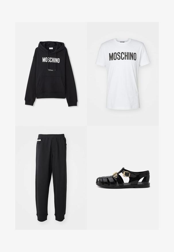 Sudadera negra hecha de una mezcla de algodón, con un bolsillo tipo canguro, capucha con cordones y estampado en blanco "MOSCHINO Milano" en la parte delantera.; Camiseta de algodón blanca con llamativas letras negras "MOSCHINO" en la parte frontal. Manga corta y cuello redondo. Textura suave.; Pantalones de chándal negros de tela suave, con cinturilla elástica, bolsillos laterales y puños acanalados en los tobillos. Diseño minimalista.; Sandalias de goma negras con diseño perforado, que cuentan con un cierre de hebilla dorada y una plantilla texturizada. Logo estampado en el talón.