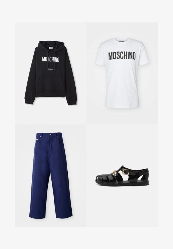 Sort hættebluse lavet af en bomuldsblandingsstof, med lomme foran, snørret hætte og hvid "MOSCHINO Milano" tryk på forsiden.; Hvid bomuld t-shirt med store sorte "MOSCHINO" bogstaver på forsiden. Korte ærmer og rund halsudskæring. Glat tekstur.; Bredde ben bukser i marineblå, lavet af blødt stof. Har en knaplukning og frontlommer, med en ren finish og ingen synlige mønstre.; Svarte gummisandaler med udskæringsdesign, der har en gylden spænde-lukning og en tekstureret indersål. Præget logo på hælen.