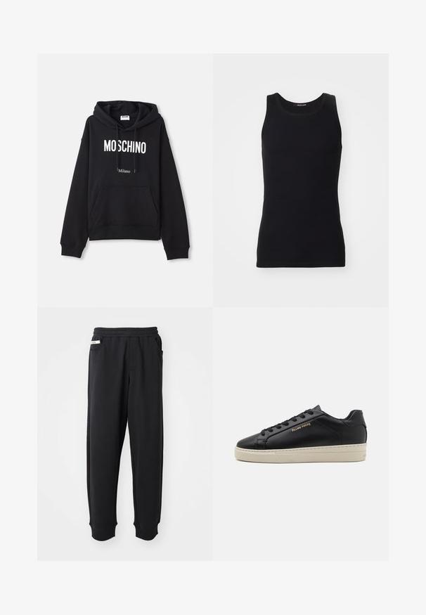 Sudadera negra hecha de una mezcla de algodón, con un bolsillo tipo canguro, capucha con cordones y estampado en blanco "MOSCHINO Milano" en la parte delantera.; Top de tirantes negro hecho de un material suave y elástico. Presenta un escote redondo y sin mangas, con un corte ajustado y un diseño sencillo.; Pantalones de chándal negros de tela suave, con cinturilla elástica, bolsillos laterales y puños acanalados en los tobillos. Diseño minimalista.; Zapatilla de cuero negra con un acabado suave, suela crema en contraste, puntera redonda, logo dorado en el lateral y seis ojales para los cordones.