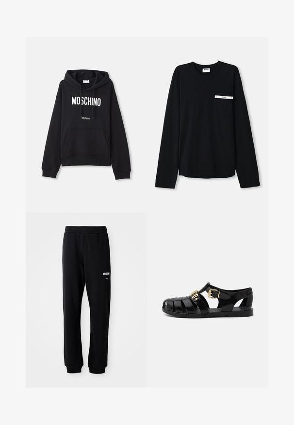 Čierna mikina s kapucňou vyrobená z kombinácie bavlny, s klokanieškovým vreckom, sťahovacou kapucňou a bielym potlačením "MOSCHINO Milano" na prednej strane.; Čierne bavlnené tričko s dlhými rukávmi. Má predné vrecko s bielym akcentovým pruhom a logom. Jednoduchý, klasický dizajn s okrúhlym výstrihom.; Čierne tepláky s relaxed fit strihom, vyrobené z mäkkého materiálu. Majú elastický pás a biele logo "Moschino" na ľavom stehne.; Čierne gumové šľapky s výrezovým dizajnom, s prackou zlaté farby a textúrovanou stielkou. Logo vyrazené na päte.