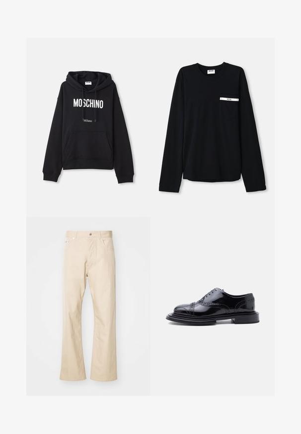 Must must kootesegust koosneb puuvilla segust, esiosas on kangaroopocket, kuppel, millel on pael ja valge "MOSCHINO Milano" trükk.; Must puuvillane pika varrukaga T-särk. Esiosas on tasku, millel valge aktsentribaari ja logoga detail. Lihtne, klassikaline disain, ümara kaelusega.; Beige puuvillased püksid, otse jalaga disainiga, kahe esitasku, vööde jaoks silmade ja metallnuppkinnitusega.; Must lihvitud nahast brogue' stiilis kellakinga tiivalessuurtustega ja virnastatud kontsaga, külgprofiilis valgel taustal.