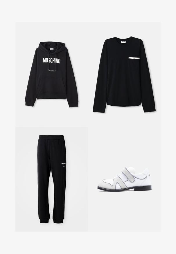 Sort hættebluse lavet af en bomuldsblandingsstof, med lomme foran, snørret hætte og hvid "MOSCHINO Milano" tryk på forsiden.; Sort langærmet t-shirt i bomuld. Har en lomme foran med en hvid accentstribe og logo. Enkel, klassisk model med rund hals.; Sorte sweatpants med en afslappet pasform, lavet af blødt stof. Har en elastisk talje og hvidt "Moschino" logo på venstre lår.; Hvid læder- og grå ruskindssko med sort sål og en enkelt bred velcrolukning på siden.