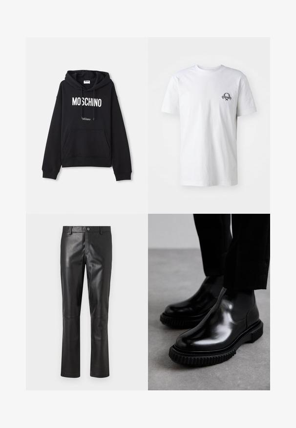 Zwarte hoodie van een katoenmix, met een kangoeroe-pocket, een capuchon met trekkoord en een witte print van "MOSCHINO Milano" op de voorkant.; Witte katoenen t-shirt met een klein zwart geborduurd ontwerp op de borst; korte mouwen en een klassieke ronde hals.; Zwarte leren broeken met een gladde textuur, recht model en subtiele stiksel langs de naden. Voorzien van een knoopsluiting in de taille.; Zwarte lederen Chelsea-laarzen met een gladde afwerking, elastische zijpanelen en een dikke, gestructureerde rubberen zool met een robuust loopvlak.