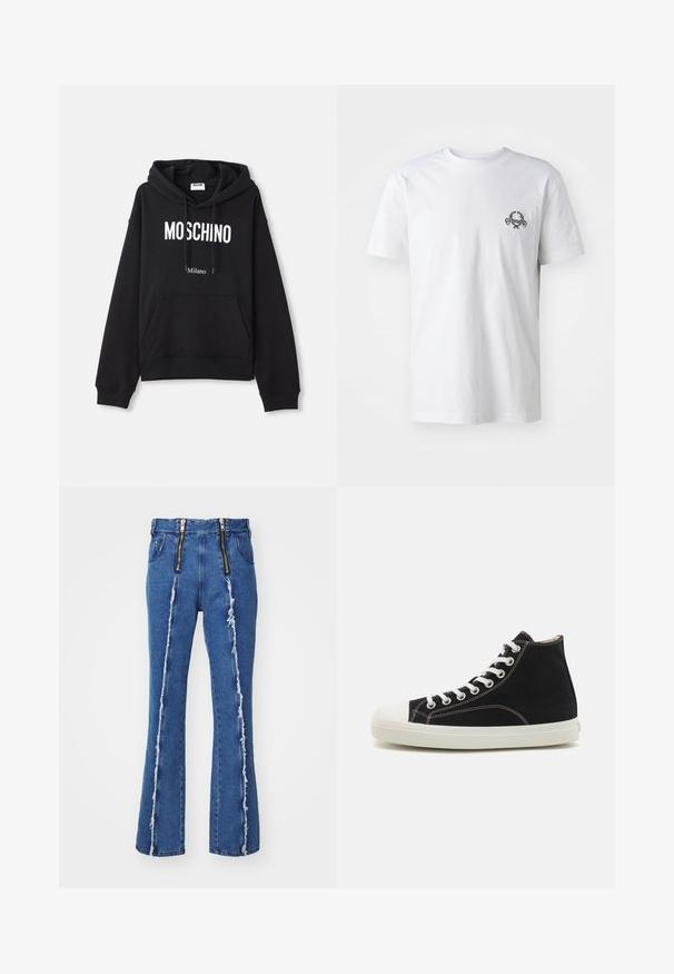 Čierna mikina s kapucňou vyrobená z kombinácie bavlny, s klokanieškovým vreckom, sťahovacou kapucňou a bielym potlačením "MOSCHINO Milano" na prednej strane.; Biela bavlnená tričká s malým čiernym vyšívaným dizajnom na hrudi; krátke rukávy a klasický štýl okrúhleho výstrihu.; GmbH FAISAL - Džínsy s rovným strihom - denim blue; Čierne vysoké tenisky vyrobené z plátna s bielou gumovou podrážkou a kapcom. Obsahujú biele šnúrky a kontrastné šitie.