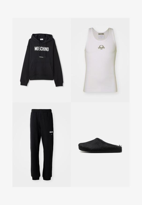 Čierna mikina s kapucňou vyrobená z kombinácie bavlny, s klokanieškovým vreckom, sťahovacou kapucňou a bielym potlačením "MOSCHINO Milano" na prednej strane.; Biely rebrovaný tielko s vyšitým zlatým logom a dekoračnými akcentmi, okrúhlym výstrihom a bezrukávovým dizajnom.; Čierne tepláky s relaxed fit strihom, vyrobené z mäkkého materiálu. Majú elastický pás a biele logo "Moschino" na ľavom stehne.; Marni Šľapky - black