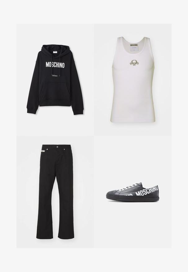 Čierna mikina s kapucňou vyrobená z kombinácie bavlny, s klokanieškovým vreckom, sťahovacou kapucňou a bielym potlačením "MOSCHINO Milano" na prednej strane.; Biely rebrovaný tielko s vyšitým zlatým logom a dekoračnými akcentmi, okrúhlym výstrihom a bezrukávovým dizajnom.; Čierne bavlnené nohavice s rovnými nohavicami, zakončené predným zapínaním na gombík, dvoma bočnými vreckami a malou značkovou nášivkou na páse.; Čierna nízka teniska s bielymi šnúrkami a nápisom „MOSCHINO“ vytlačeným veľkými bielymi písmenami po boku a na päte.