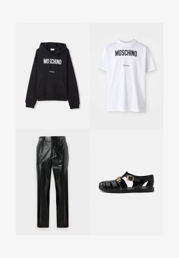 Hoodie noir en tissu mélangé coton, doté d'une poche kangourou, d'une capuche avec cordon de serrage, et d'un imprimé blanc "MOSCHINO Milano" à l'avant.; T-shirt en coton blanc avec un grand texte noir "MOSCHINO" au-dessus d'un texte plus petit "Milano". Encolure classique et manches courtes.; Pantalons en vinyle noir brillant à jambes droites, avec passants de ceinture, fermeture frontale dissimulée et détail de pli pressé.; Sandales en caoutchouc noir avec design découpé, dotées d'une fermeture à boucle dorée et d'une semelle intérieure texturée. Logo frappé sur le talon.